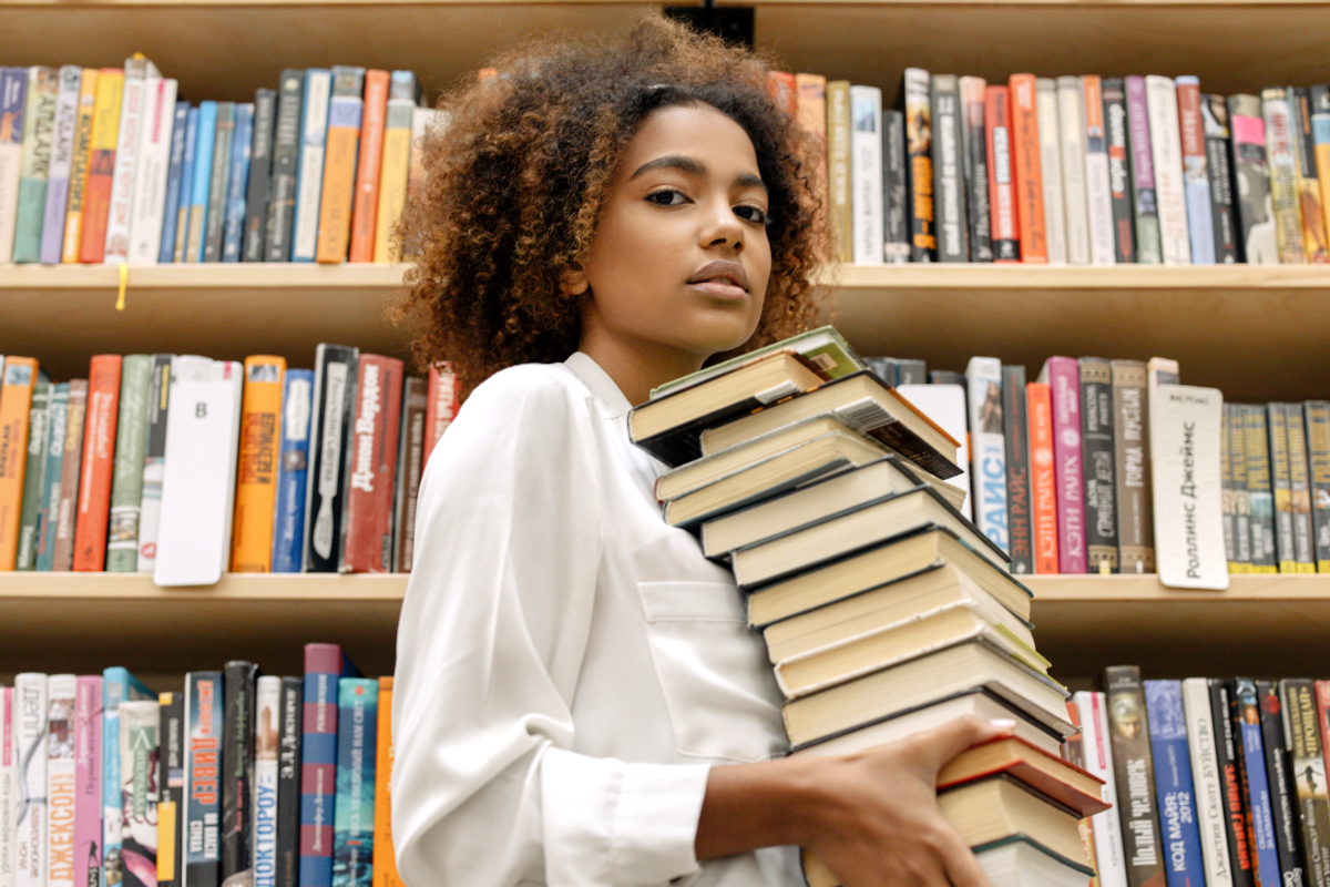 woman, books, library, public, reading