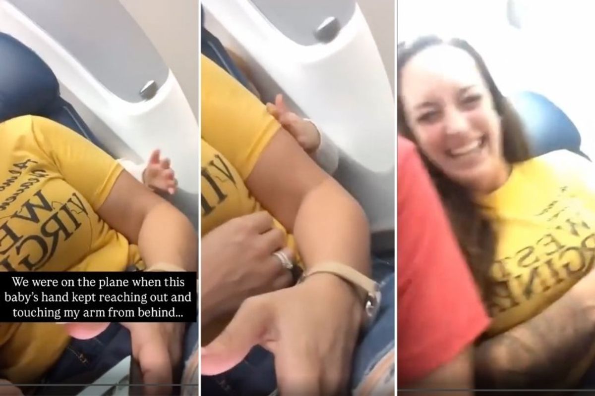 toddler, plane, laughing on plane, baby hands, woman laughing, woman smiling,