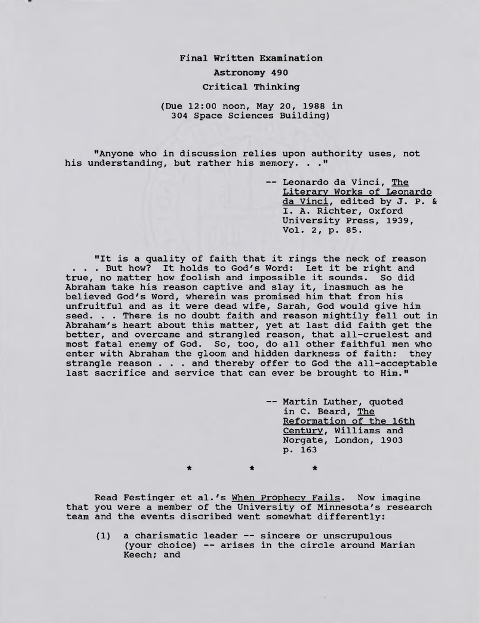 carl sagan, astronomy 490, critical thinking, final exam, college course