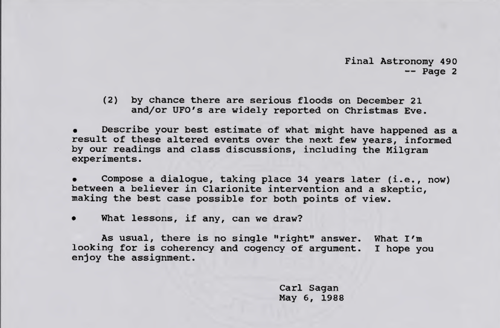 carl sagan, astronomy 490, critical thinking, final exam, college course