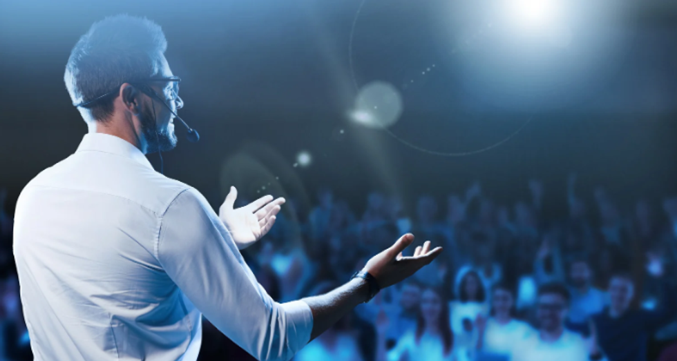 speaker, communications, audience, public speaking, arms open, speech