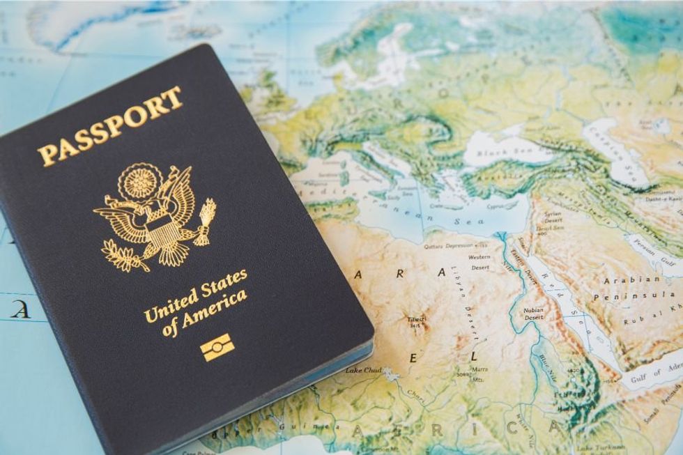 US passport, world map