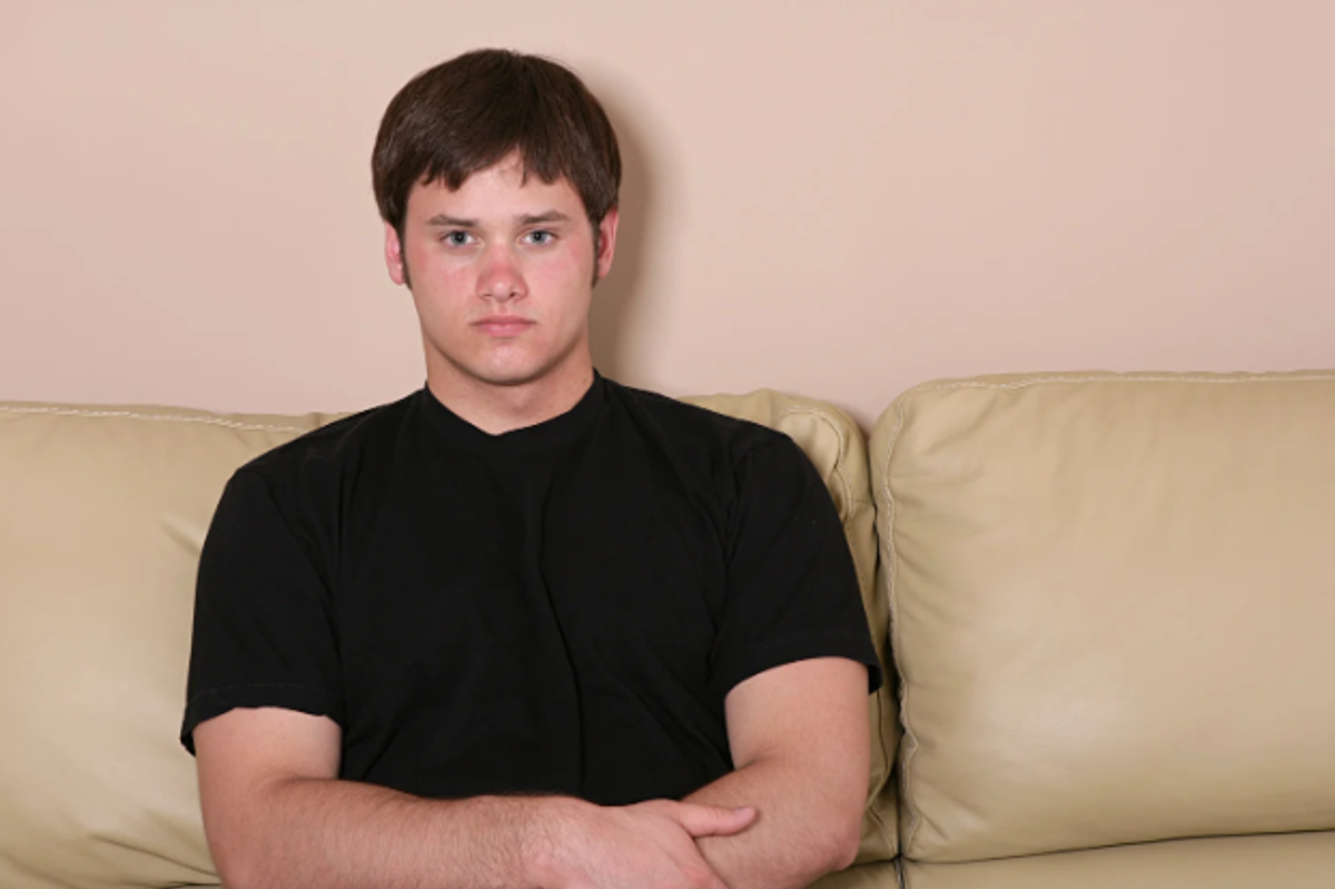 no personality, blank stare, no self, personality, beige couch,