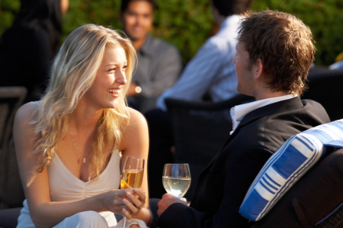 communication tips, elicitation, couple talking at party, wine, man and woman,