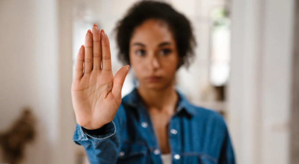 stop, woman, woman says stop, talk to hand, hand out, stop hand, conversation, awkward