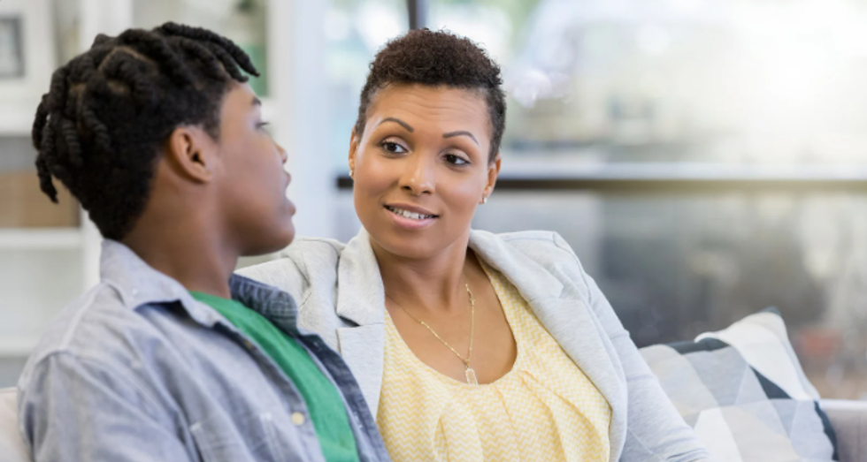 teens, mom and teen son, parenting, modern families, son and mom on couch, talking to teens