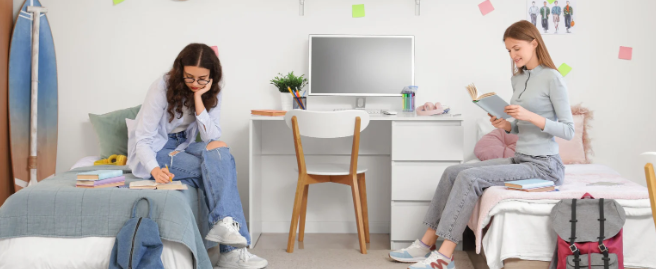 dorm room, college girls, girls studying, college life, bedroom,