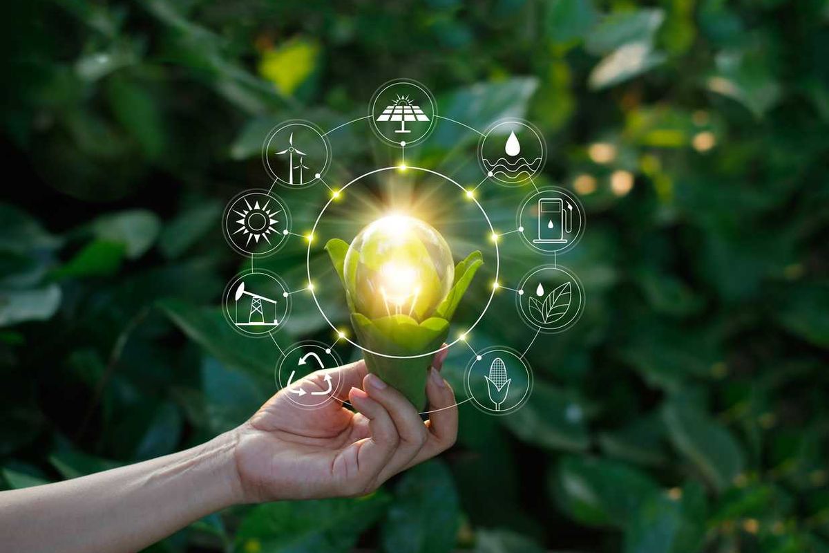 hand holding light bulb against nature on green leaf with icons