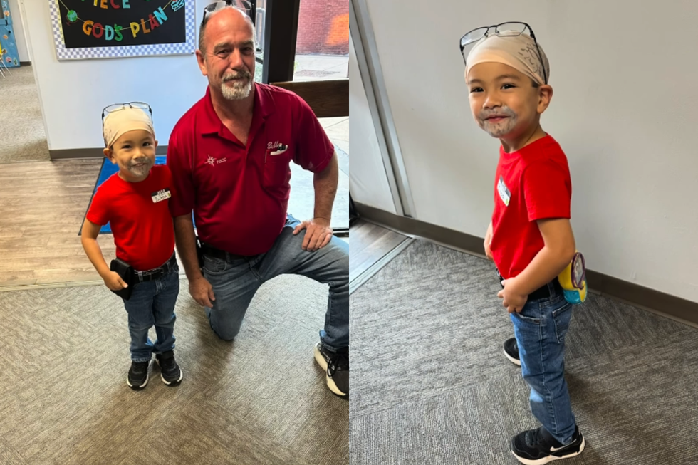 Preschooler surprises beloved custodian by dressing up like him on career day, bald cap and all
