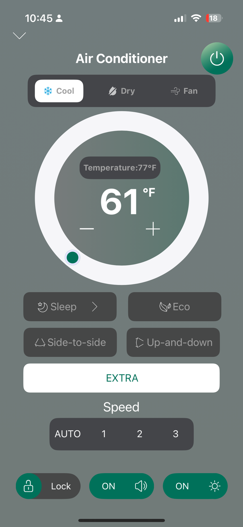 Zafro app showing controls for portable AC