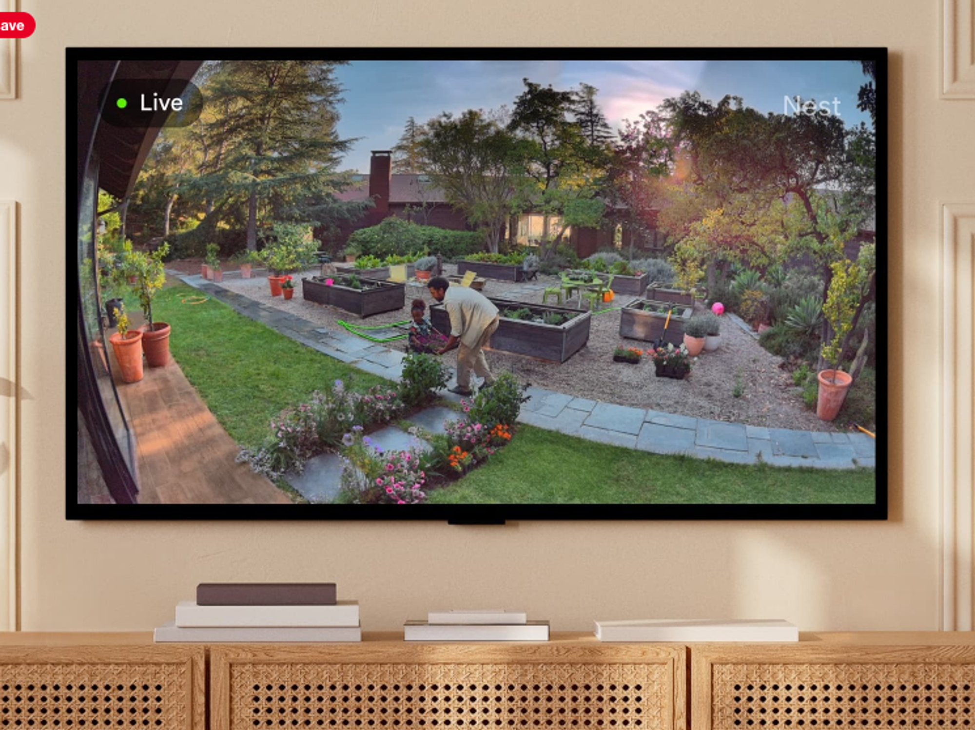 a photo of a TV live streaming video from Nest Cam Outdoor