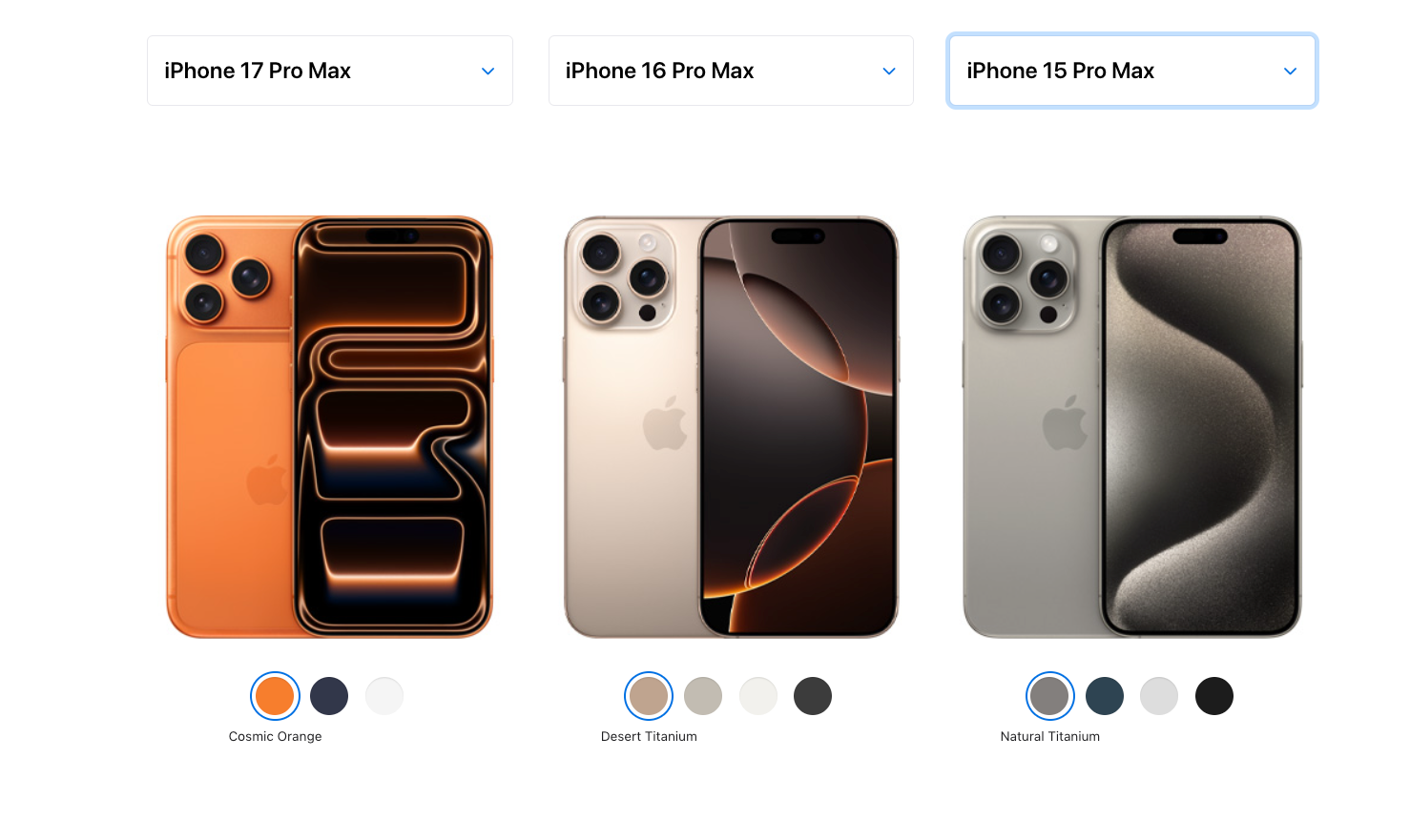 iPhone 17 Pro Max vs 16 Pro Max vs 15 Pro Max comparison photo