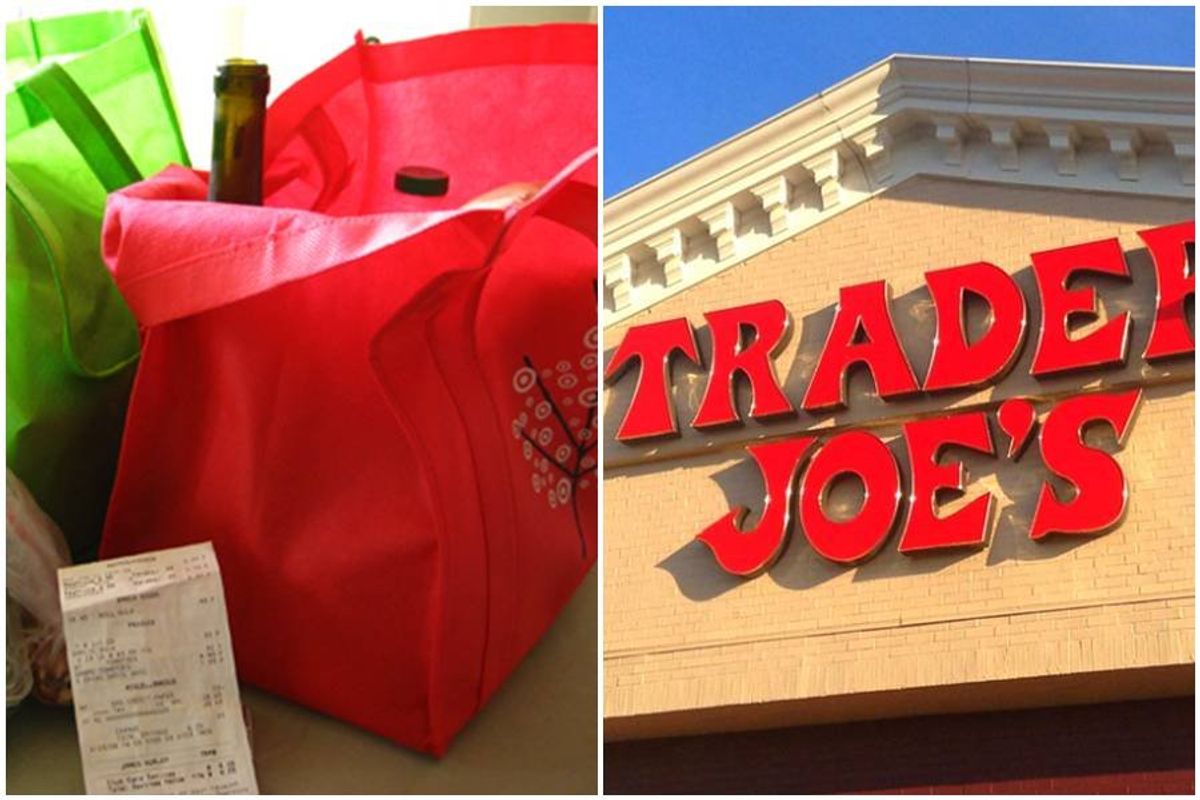 trader joe's, grocery bags, wine, grocery store, shopping enviornment