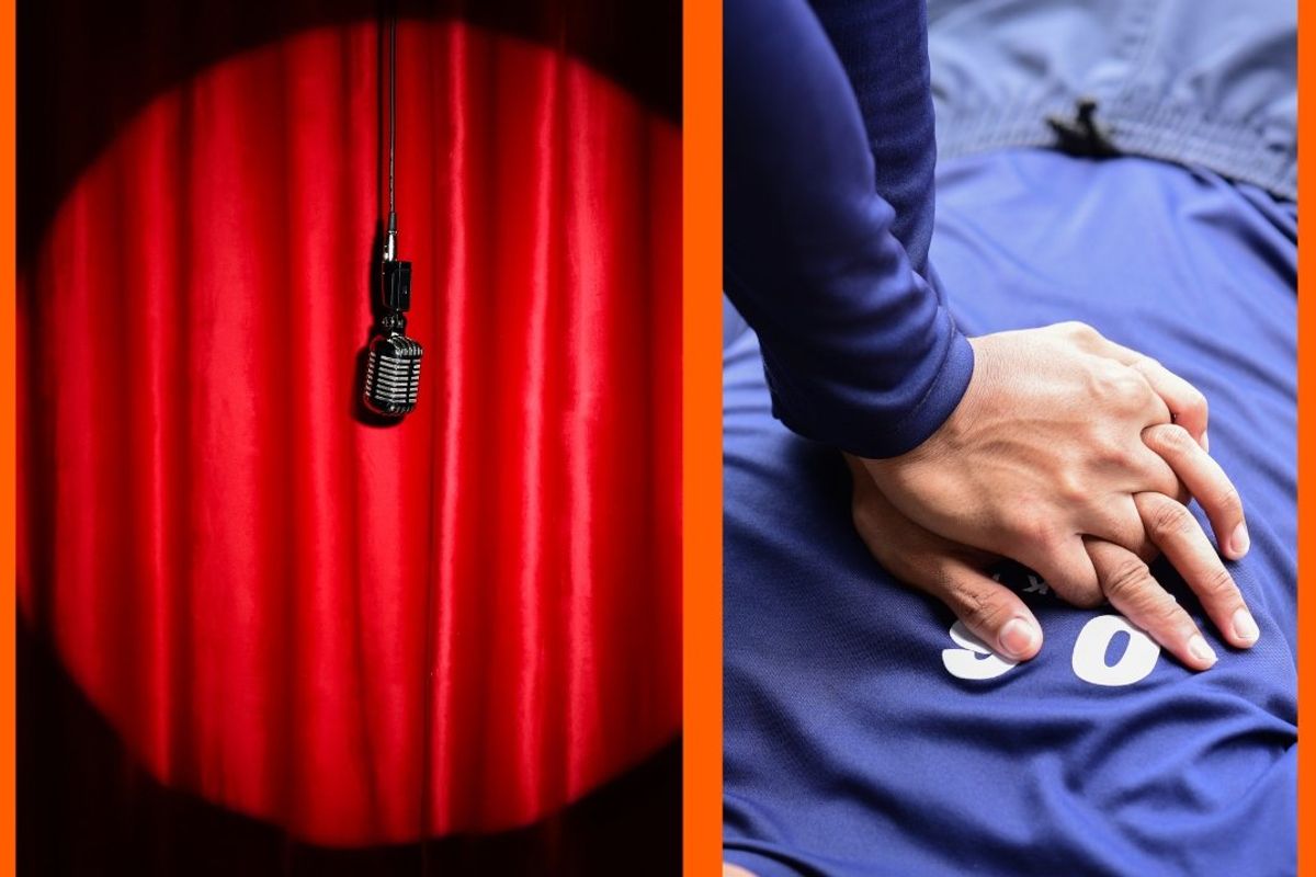 comedy club, microphone, comedian, heart attack, CPR