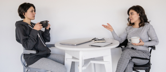 conversation, woman having coffee, two women chatting, communication, small talk,