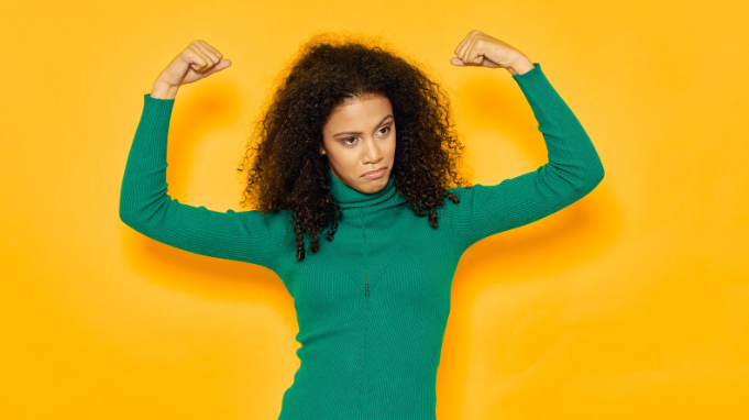 strong, intimidating, confidence, woman, woman in green, woman flexing
