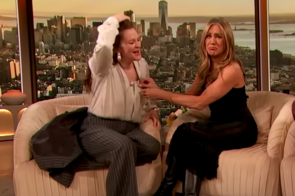 Drew Barrymore, perimenopause, menopause, hot flash, Jennifer Aniston, Adam Sandler, The Drew Barrymore Show, authenticity, CBS Mornings, Gayle King