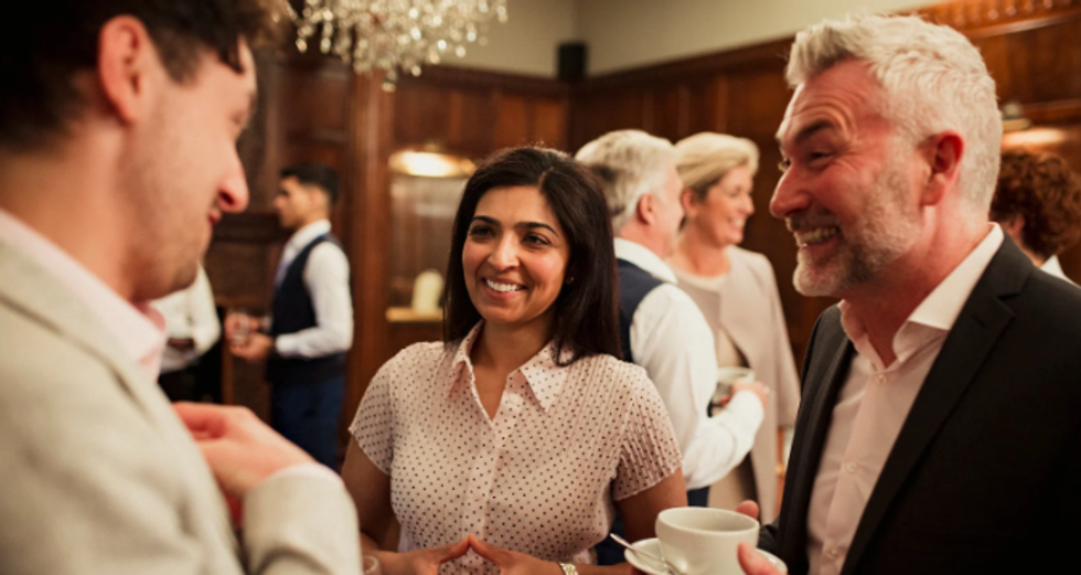 man drinking coffee, man laughing, a woman paying attention, networking event, fun networking,