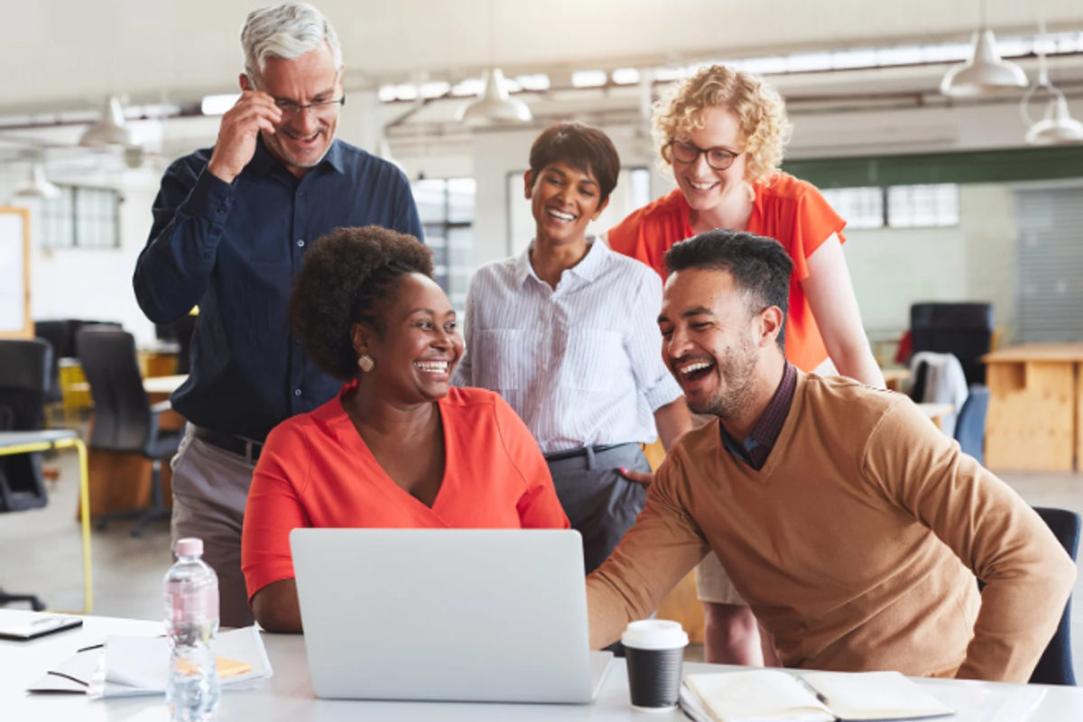 work, coworkers, laughing, computer, people having fun, coffee