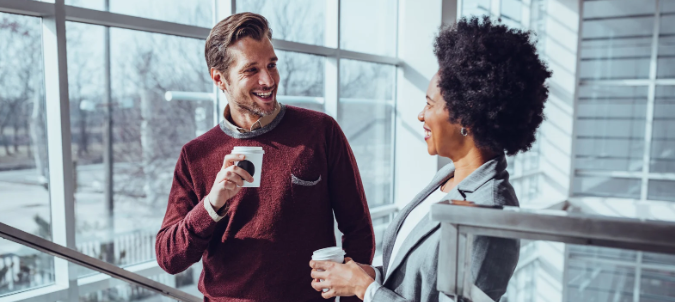 work, coworkers, laughing, people having fun, coffee