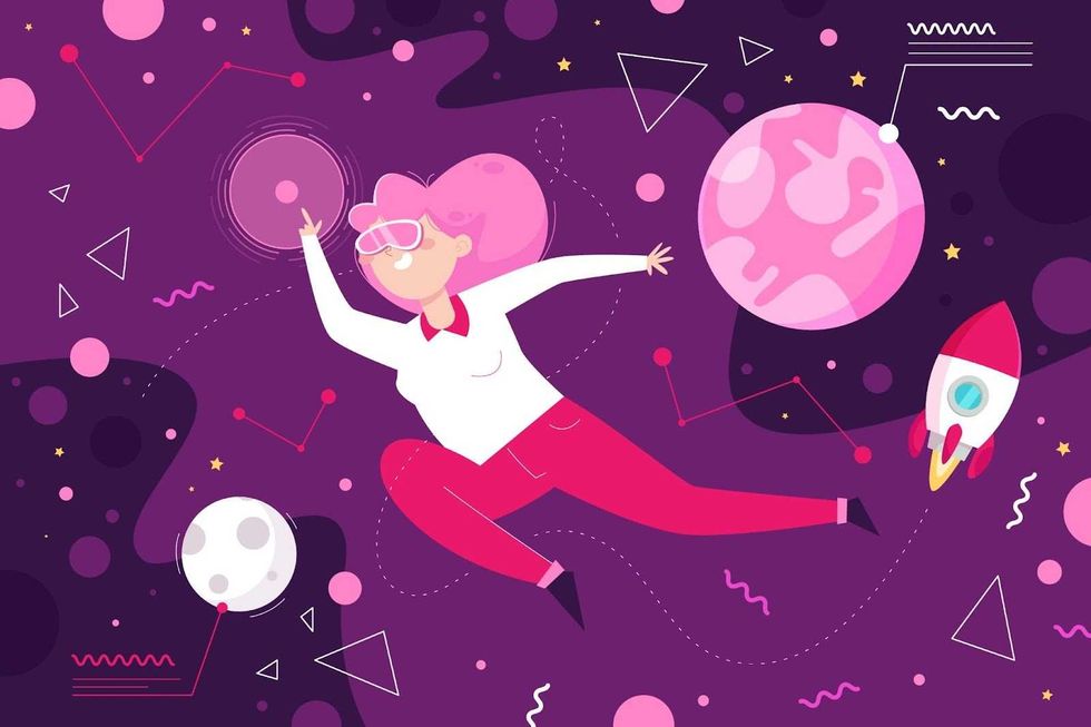 illustration of a woman flying in space