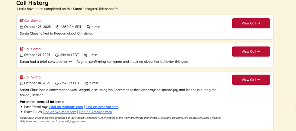 a screenshot of calls to Santa and what was discussed.