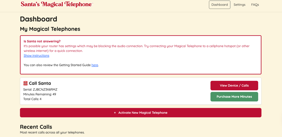 screenshot of Santa's Magical Telephone Dashboard