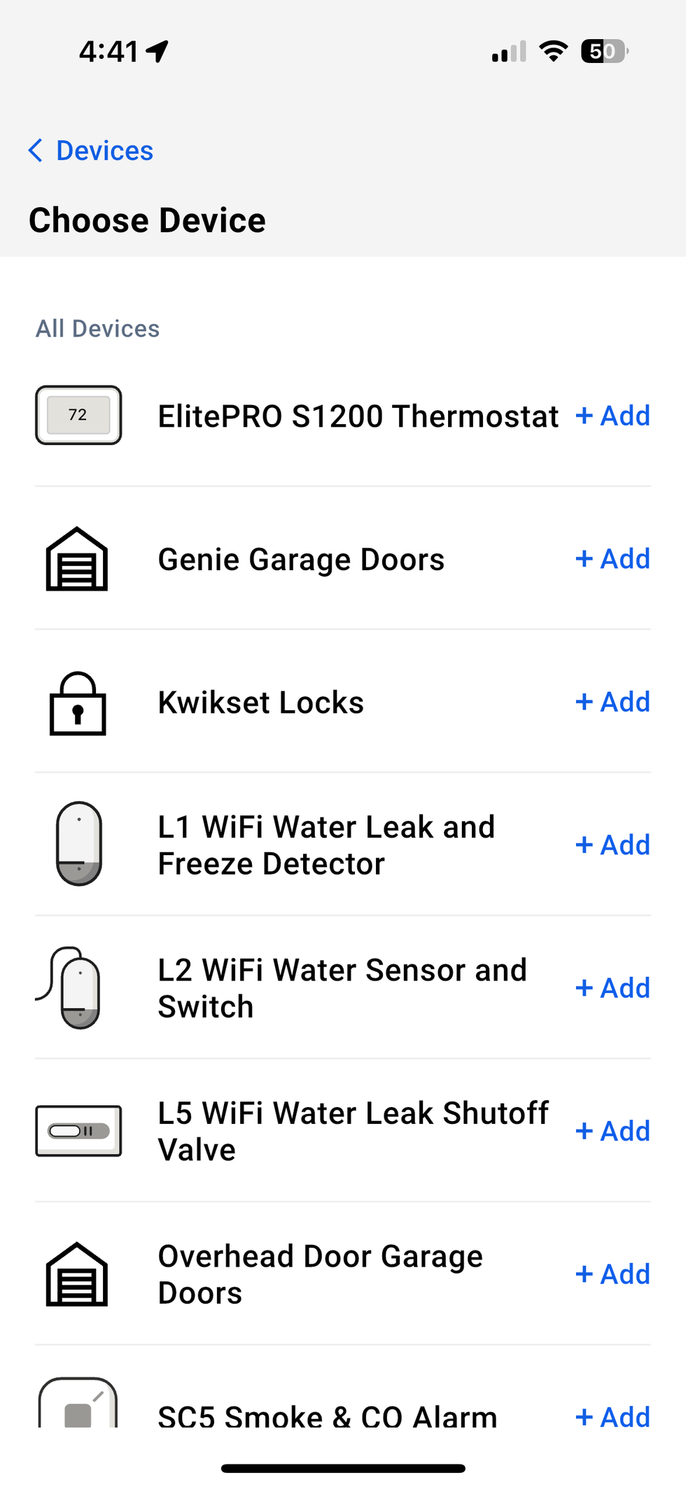 First Alert by Resideo app showing list of devices compatible with Honeywell Home X2S Smart Thermostat 