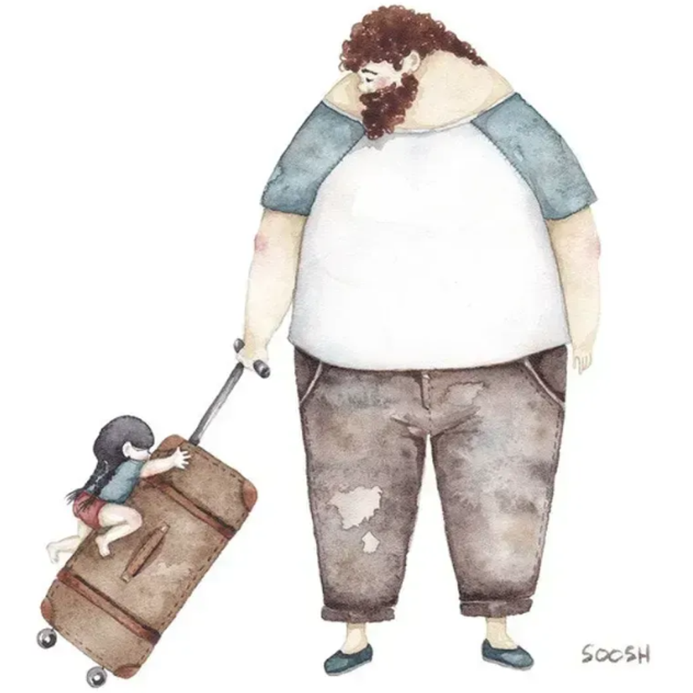 parenting, dads, daughters, fathers, art, artwork, puppets, luggage