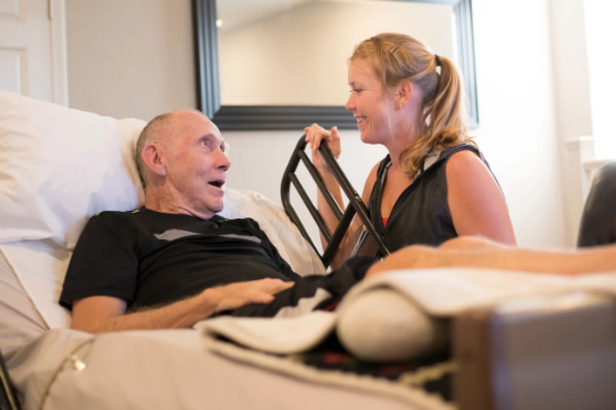 hospice, medical bed, regrets, elderly man, family,