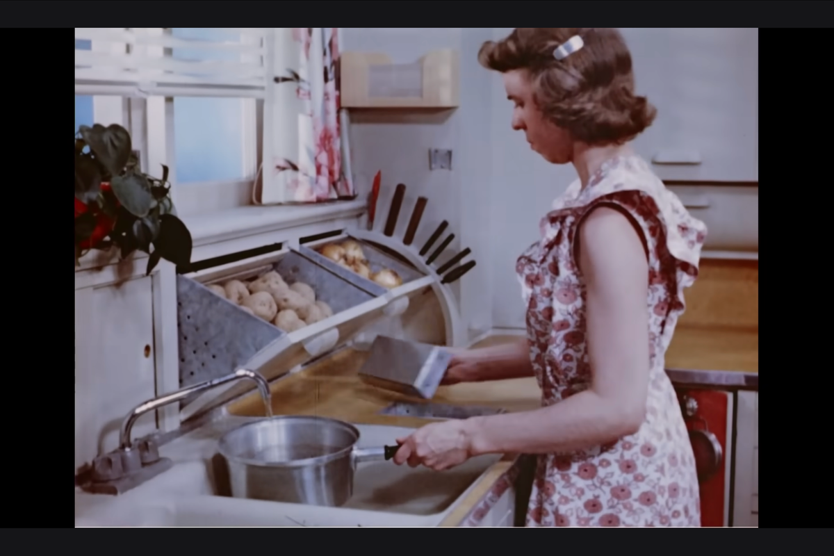 1949 step saving kitchen, 1950s, vintage kitchen, functional kitchen design, home economics