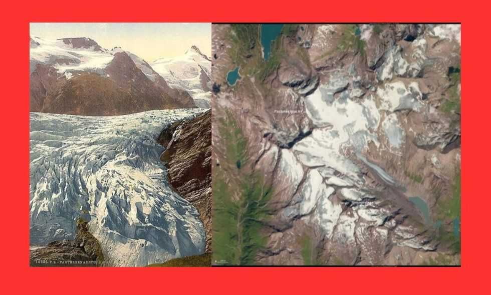 This glacier was featured on a postcard in 1900. A satellite captured where it is today.