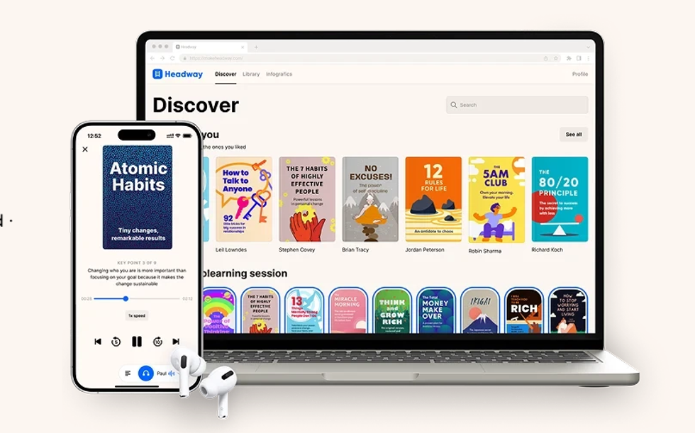 photo of headway app on smartphone and laptop