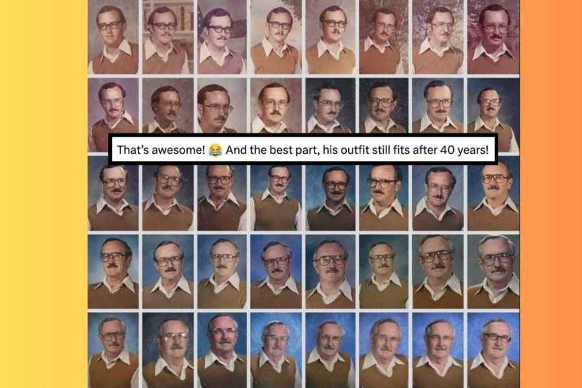 picture day, 70s men's fashion, pe teacher, teacher, funny, viral post, humor, picture day fails, retirement, retired teacher