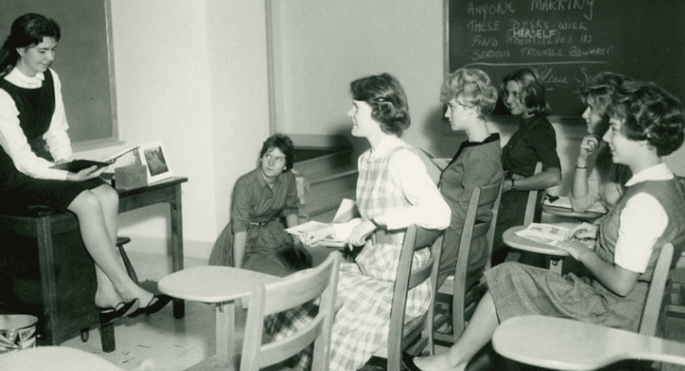 girls in school, '60s high school girls, class room, old-school cool,