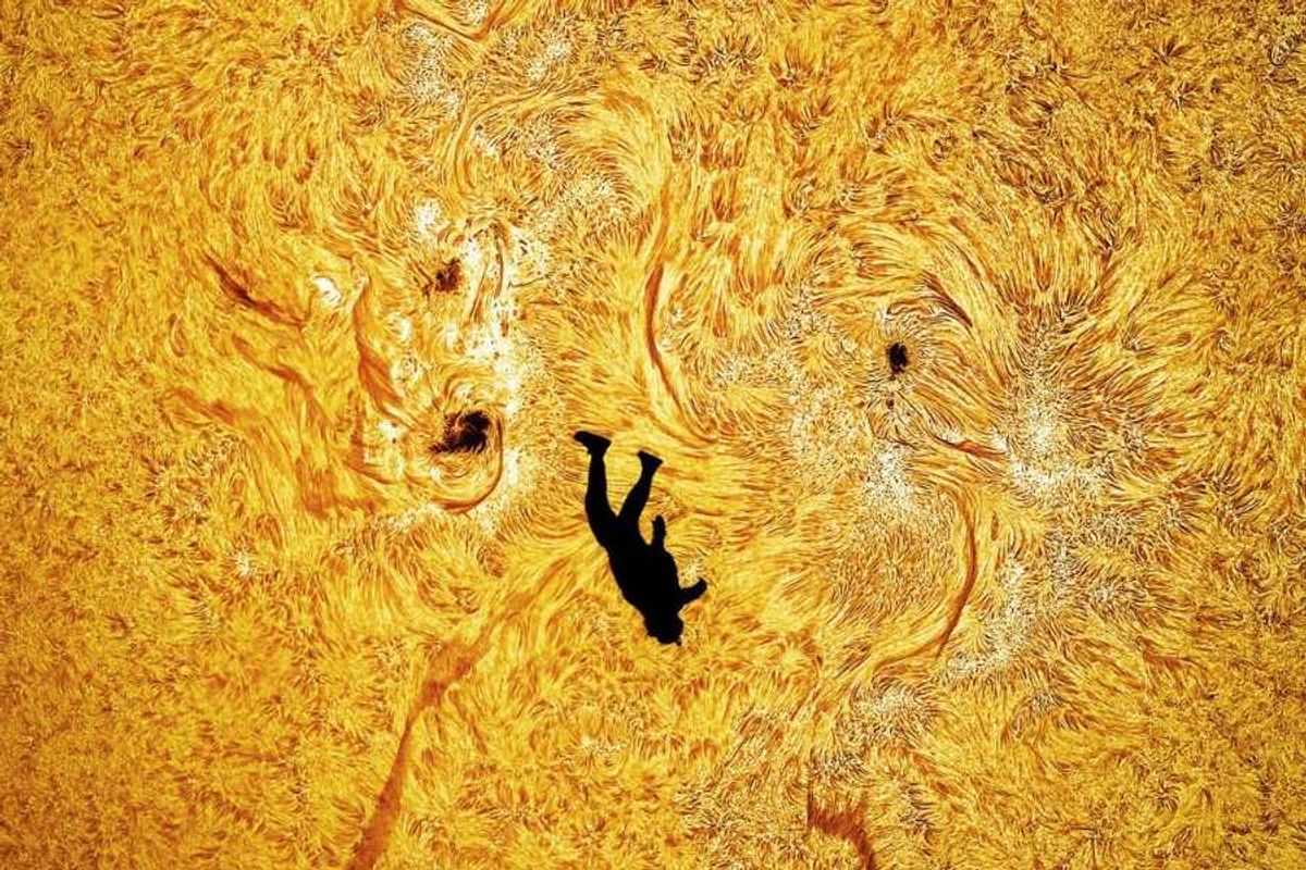 astrophotography, photography, skydiver, fall of icarus, art