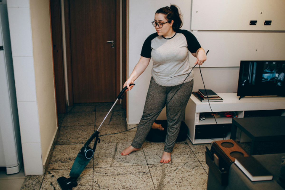 vacuum, chores, late-night chores, cleaning house, living room, TV