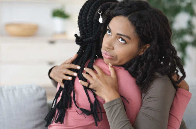 woman, women friendship, annoying friend, annoyed woman, hugging