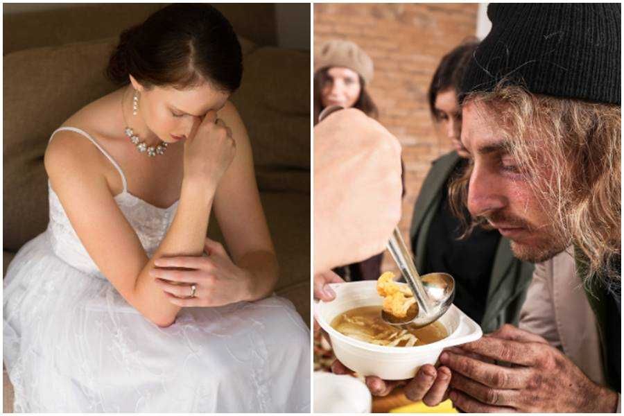 bride, wedding, sad bride, cancelled wedding, homeless man, soup