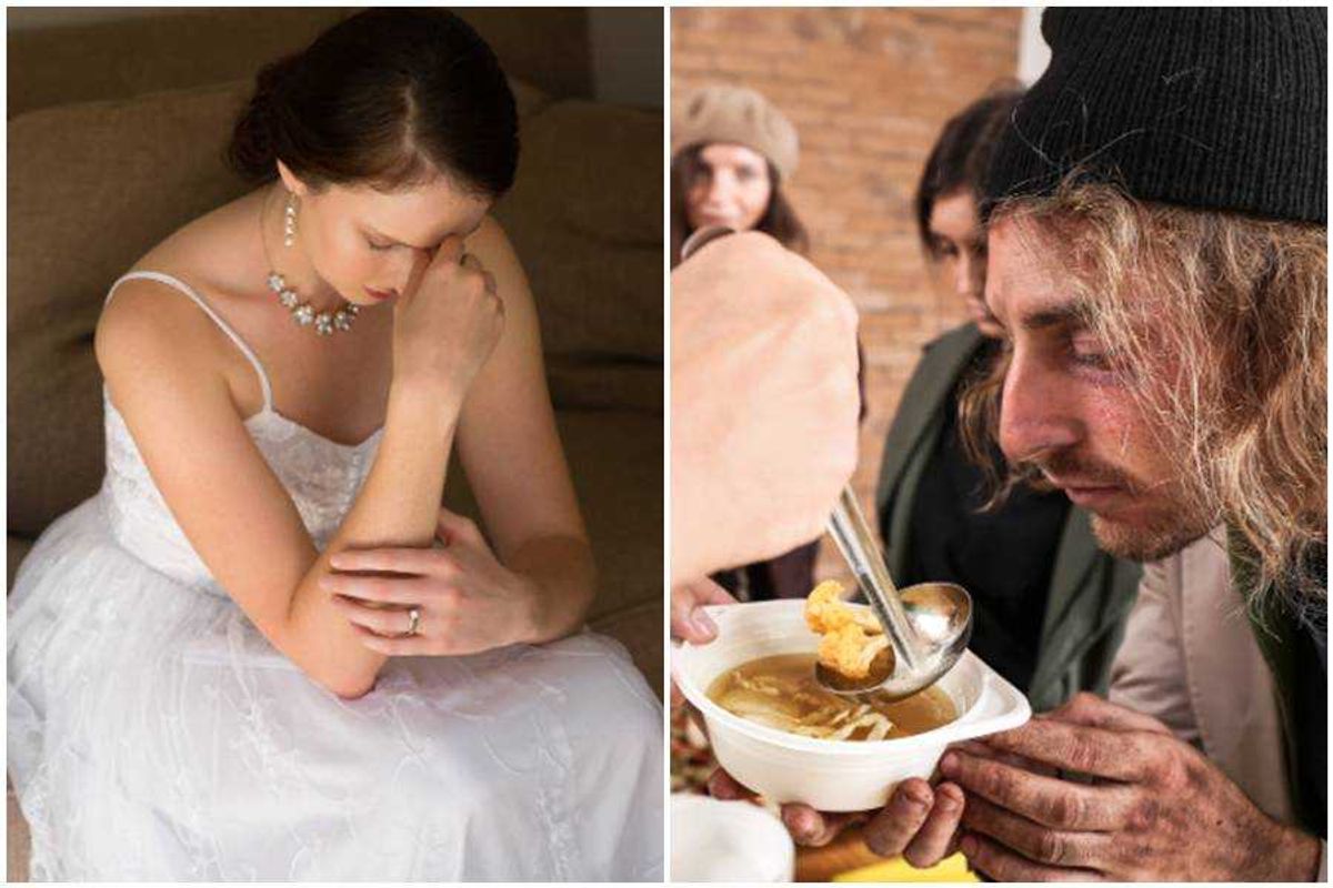 bride, wedding, sad bride, cancelled wedding, homeless man, soup