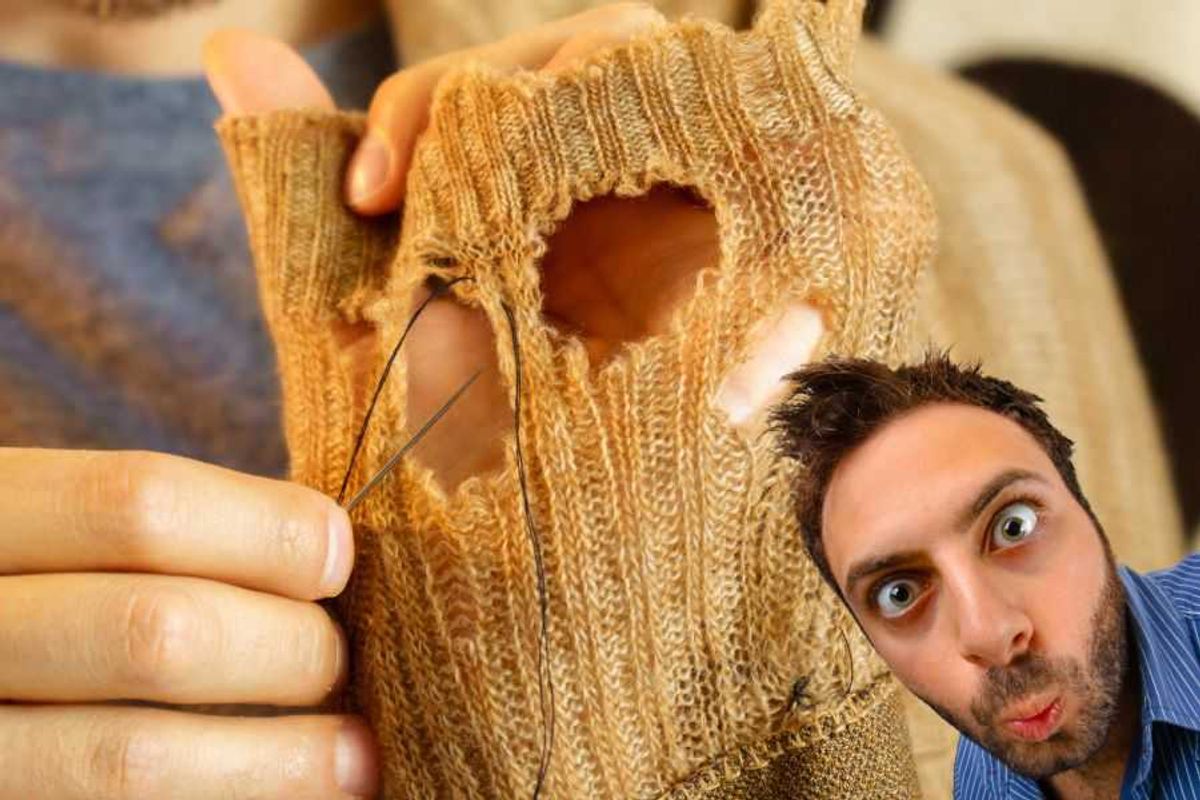 mending sweater, darning sweater, hole in sweater, fixing hole in sweater, clothes repair, clothes