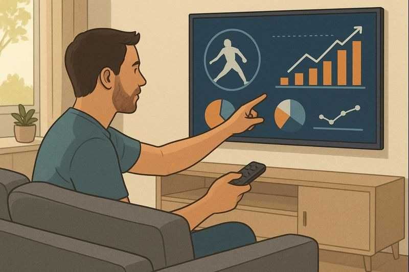 an ai generated illustration of a man looking at stats on his tv