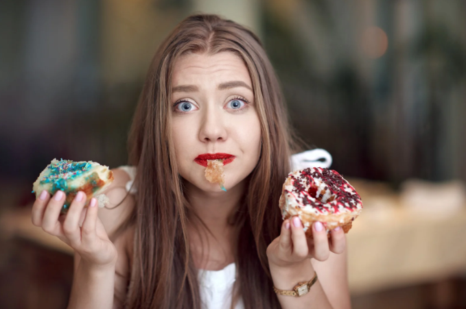 self-control restraint, donuts, woman eating donuts, who me