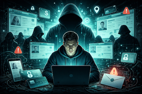 an illustration of a man on a laptop with images of identities of data brokers.