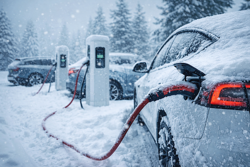 photo of ev cars charging up at a charging station while its snowing.