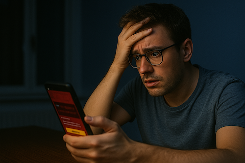 a photo of a man on his cellphone in panic mode
