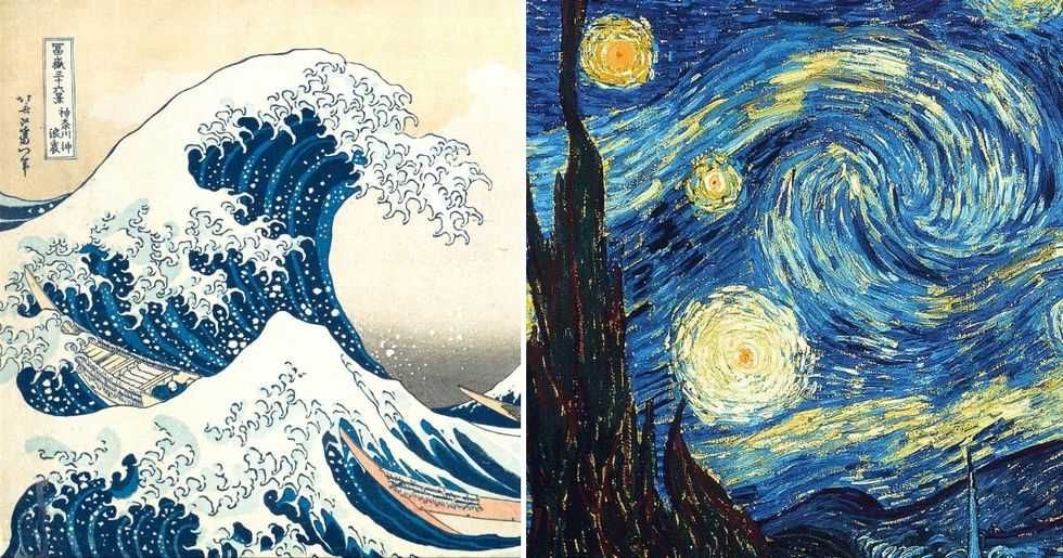 the great wave, japanese painting, kanagawa, hakusai, van gogh, the starry night