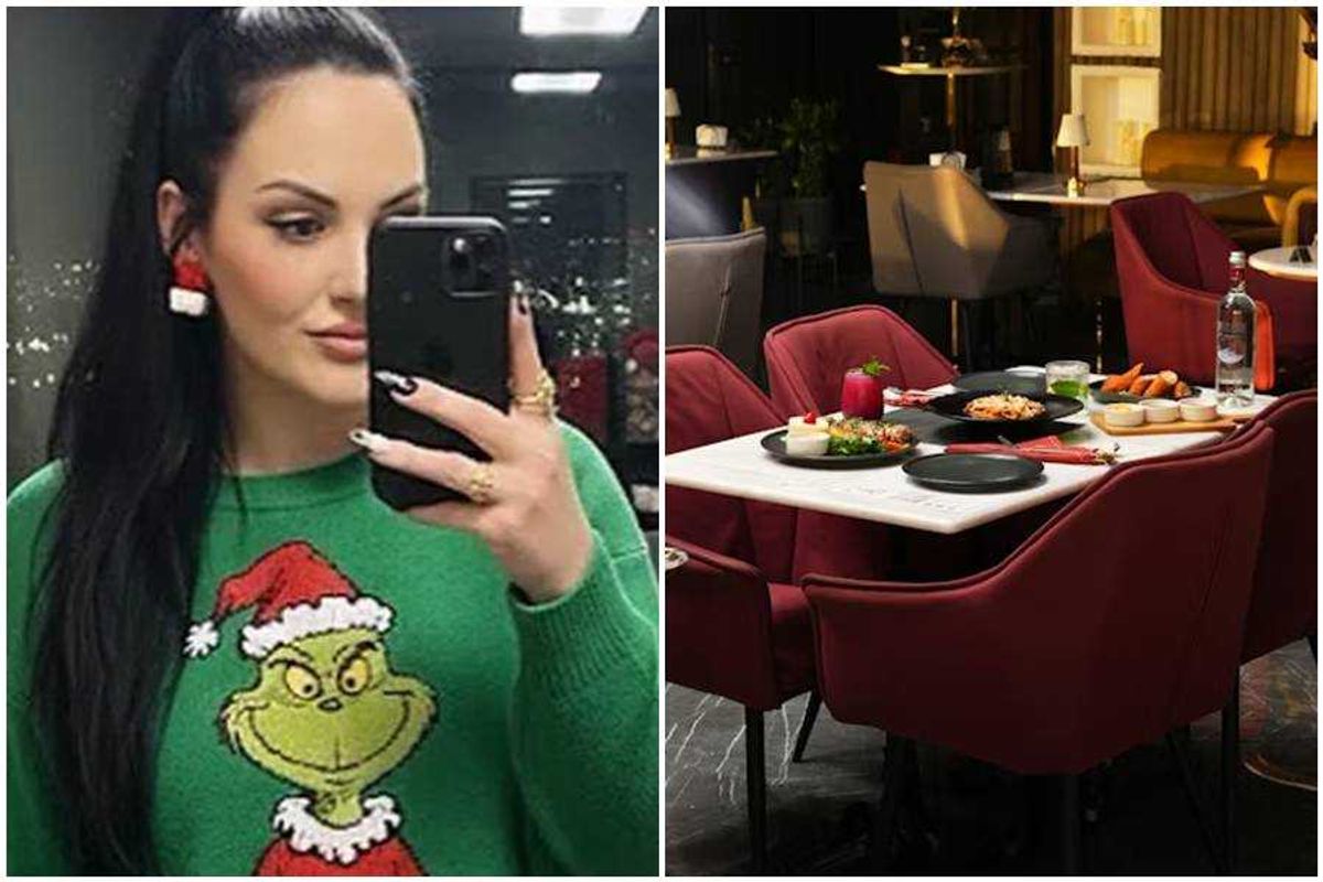 rachel anderson, sweater, fancy dinnner, nice restaurant, grinch, selfie,