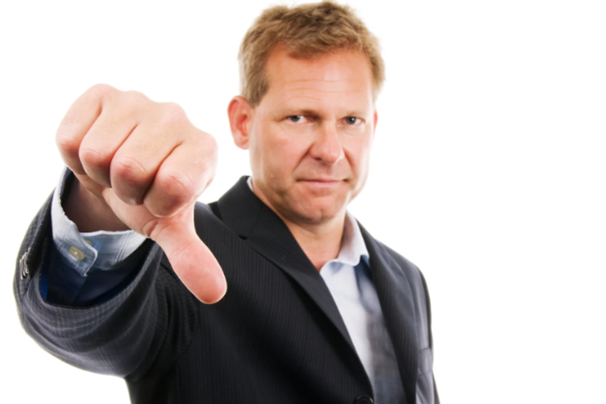 negativity, thumbs down, man in suit, judgement, no good, bad