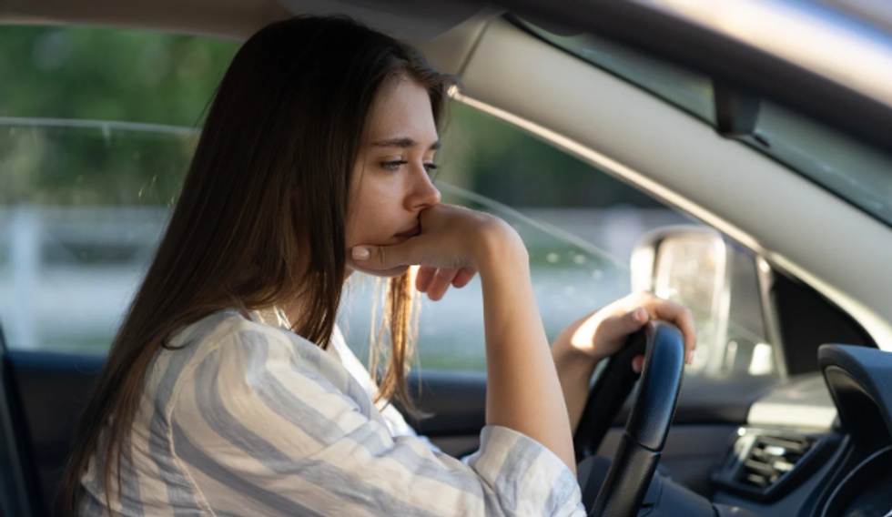 upset woman, woman driving, crying in car, honesty, realization